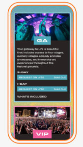 Mobile view of Life Is Beautiful website design Tickets page