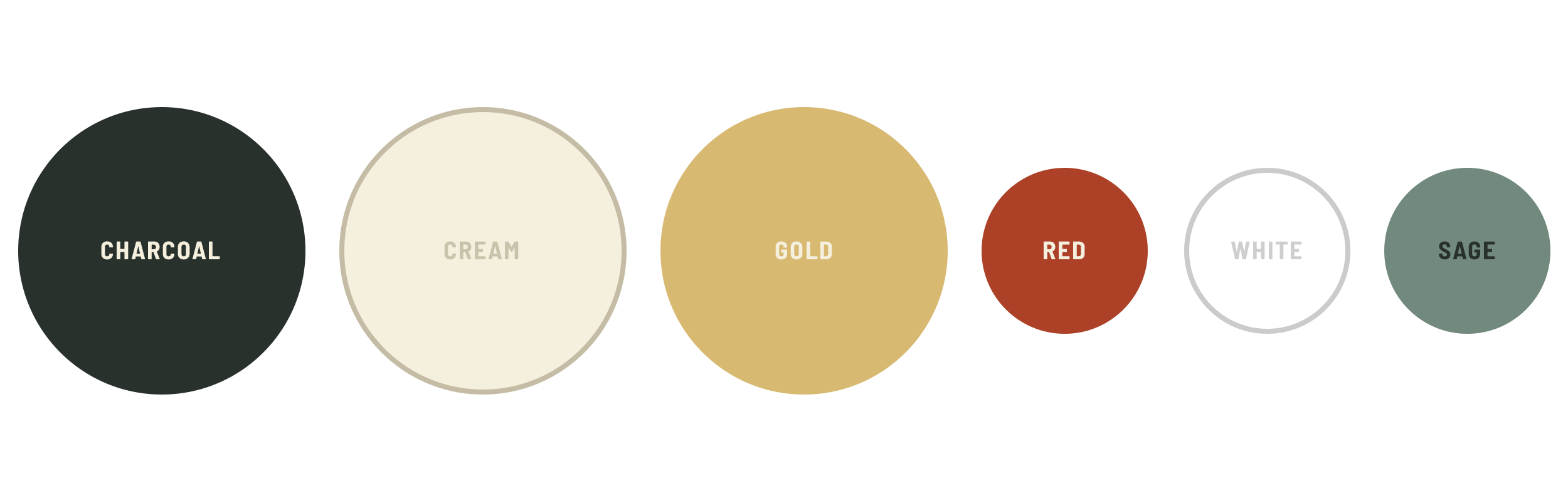 brand color palette for Oxbow including charcoal, cream, gold, red, white, sage