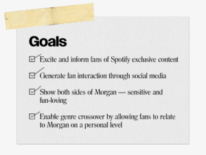Goals Excite and inform fans of Spotify exclusive content Generate fan interaction through social media Show both sides of Morgan sensitive and fun-loving Enable genre crossover by allowing fans to relate to Morgan on a personal level