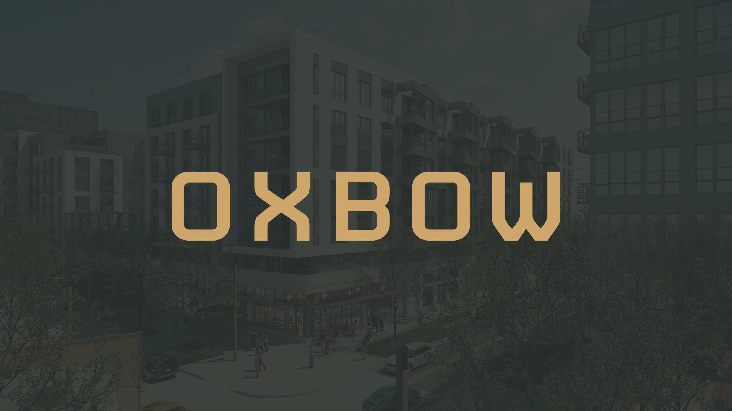gold Oxbow logo on dark background with building render