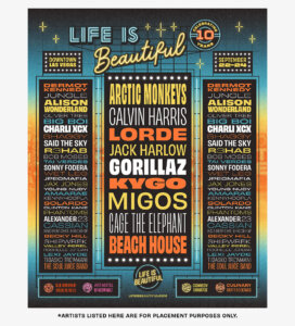Life Is Beautiful Festival admat design 2023 *artists are used for placeholder purposes only.