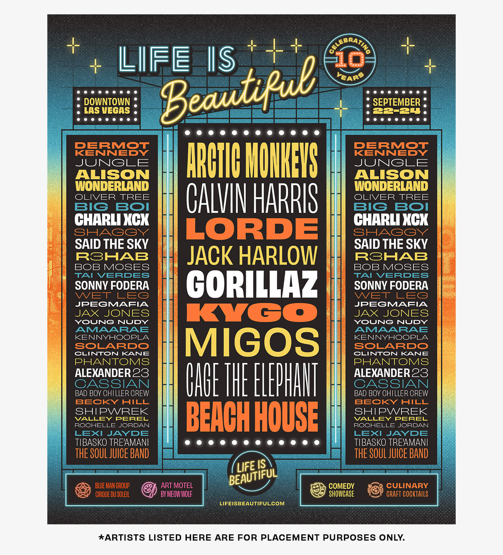 Life Is Beautiful Festival admat design 2023 *artists are used for placeholder purposes only.
