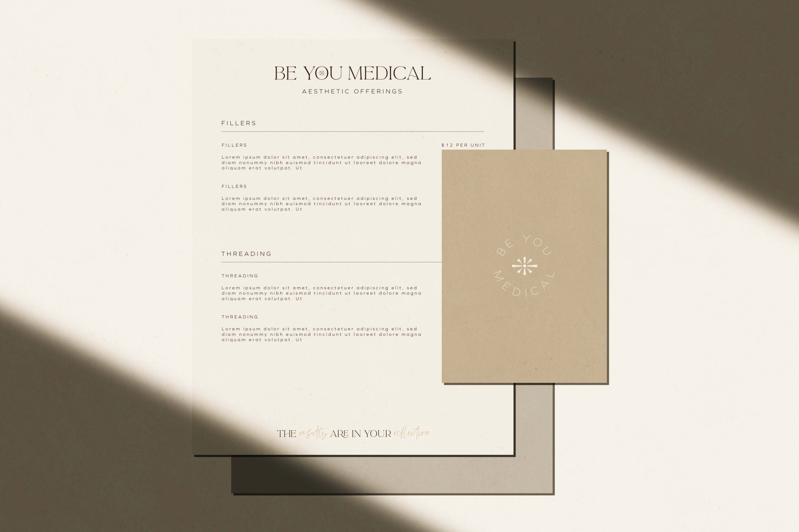 Mockup of stationary with an example of a services menu and back of postcard