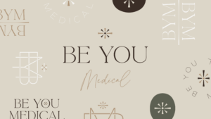 All the Be You Medical logos and alternative marks laid out in pattern on tan background