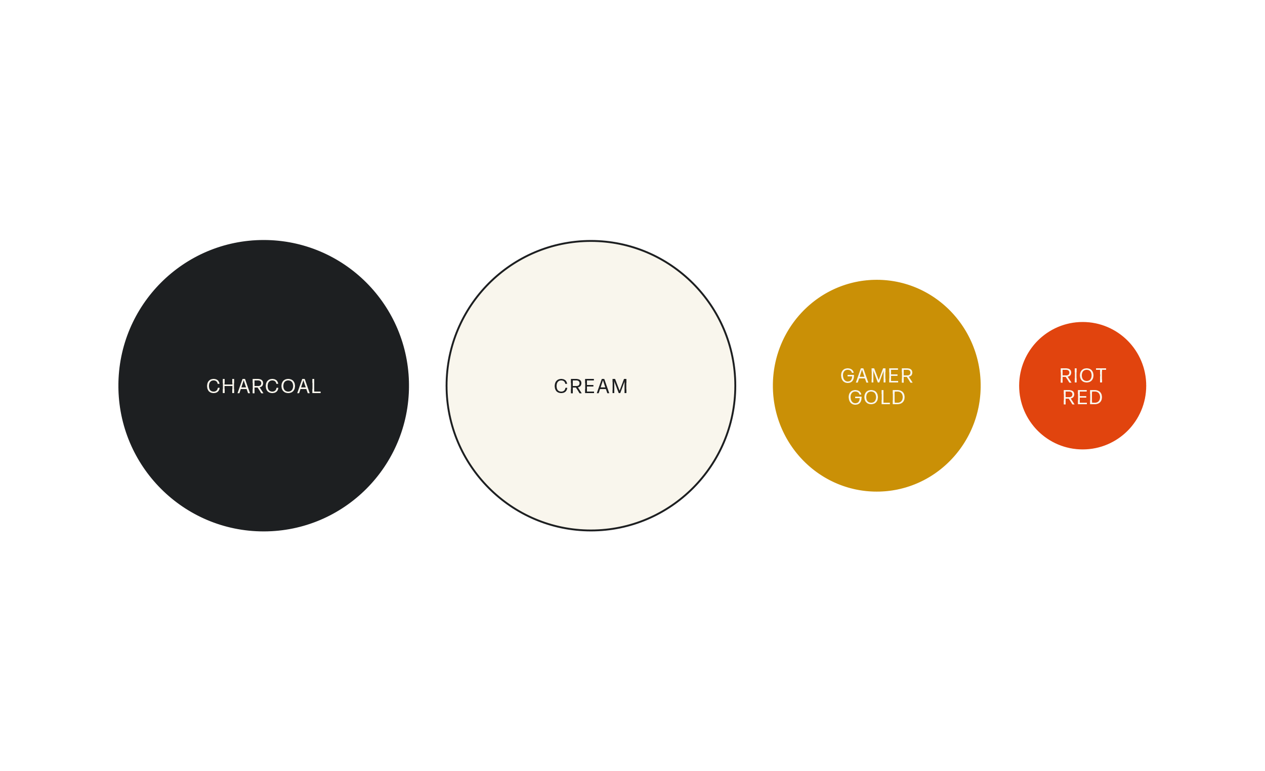 GMG Brand Colors laid out in a line of circles consisting of Charcoal, Cream, Gamer Gold, and Riot Red.