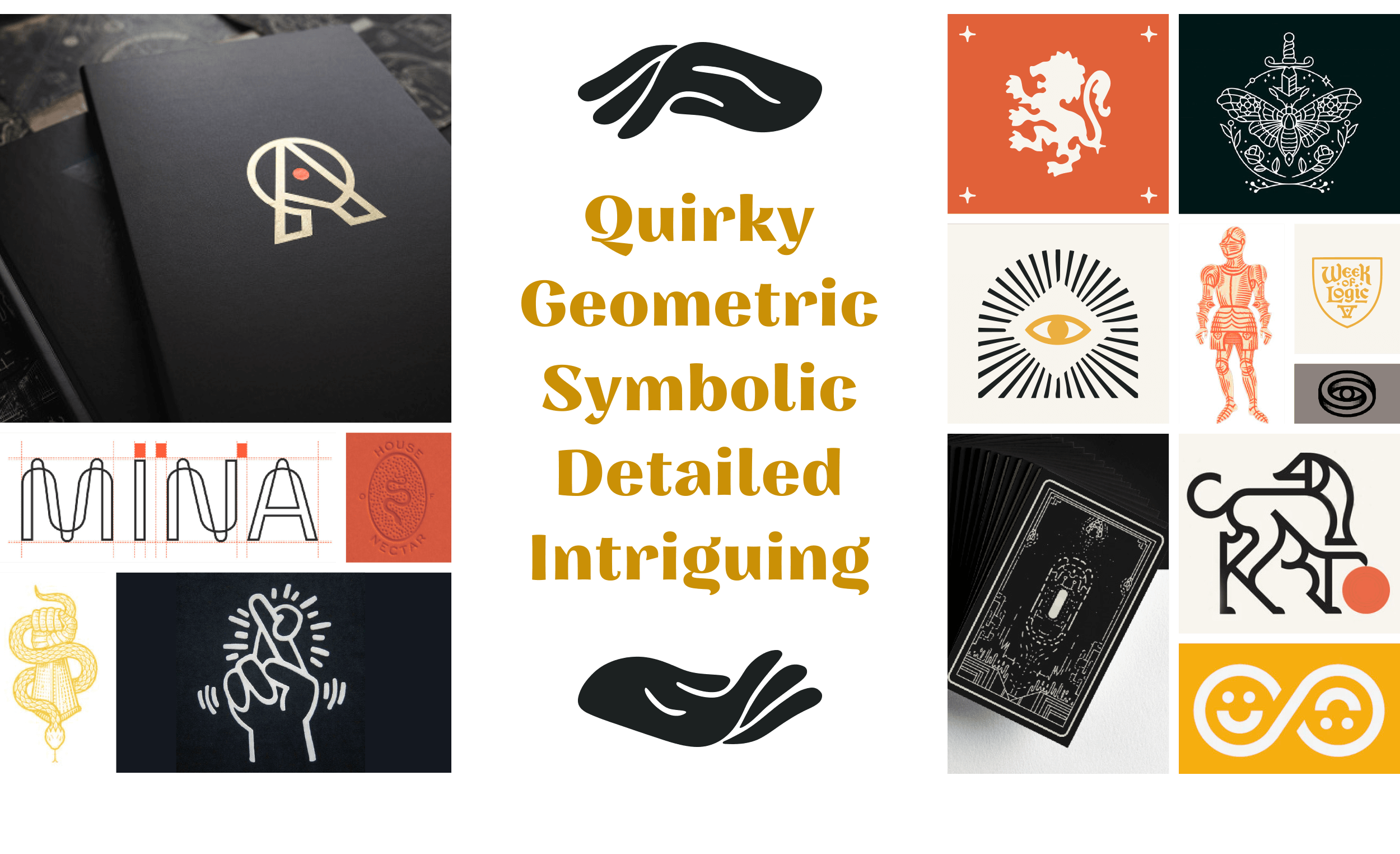 Moodboard of inspiration images with the hands from the icon separated to reveal the brand attributes of quirk, geometric, symbolic, detailed, intriguing