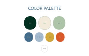 image reads: color palette forest, cream, sage, denim, sky blue, sun, red, white