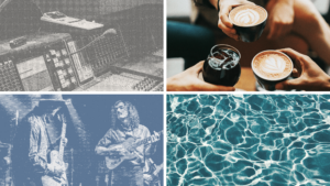 Branded Motif image treatments including a half tone mixing board, vintage film style photo of coffees, duotoned guitarists and refracting pool water