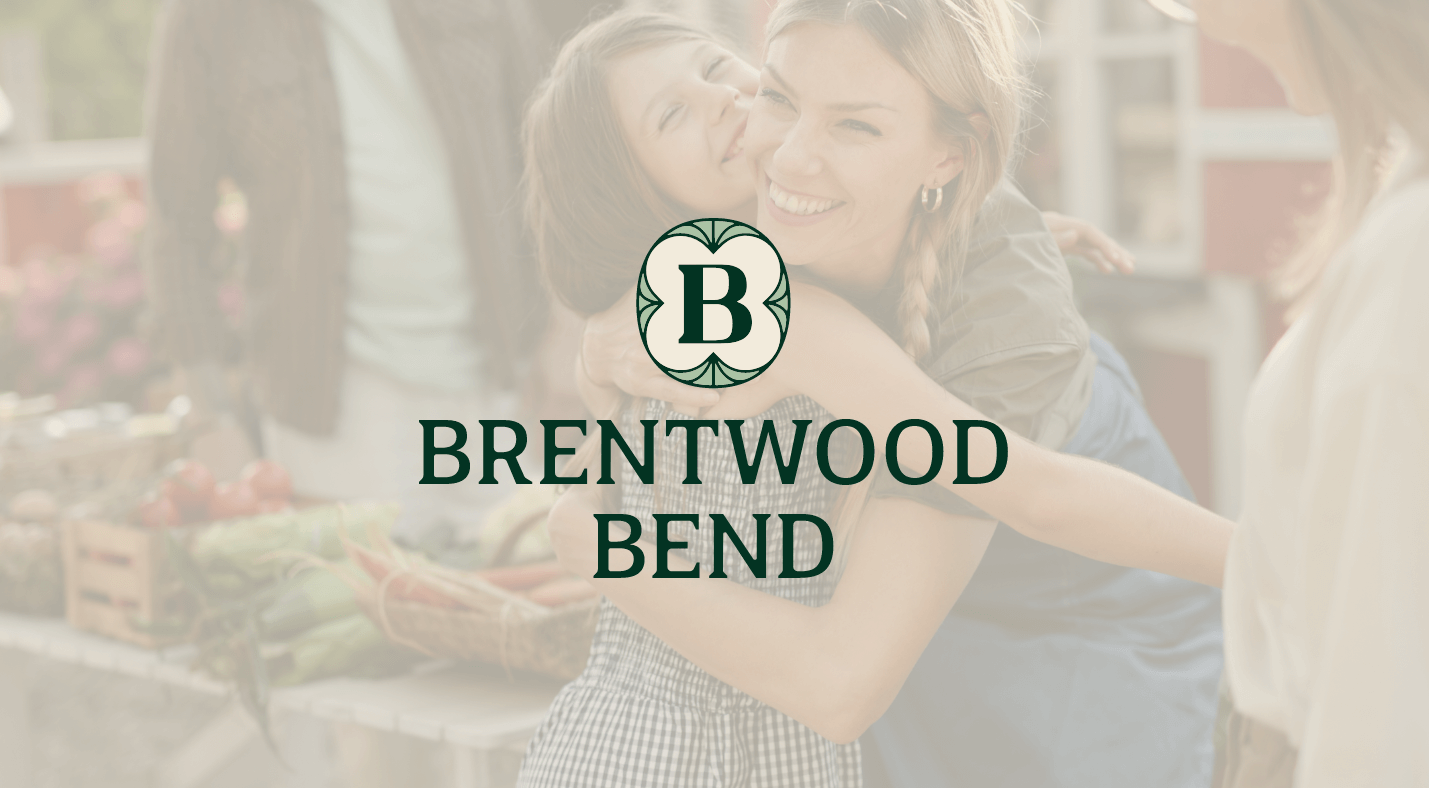 Woman hugging her daughter at a farmer's market with the Brentwood Bend logo overlaid