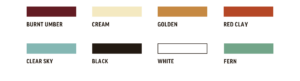 Kresston color palette laid out with colors listed as "Burnt Umber, Cream, Golden, Red Clay, Clear Sky, Black, White, Fern"