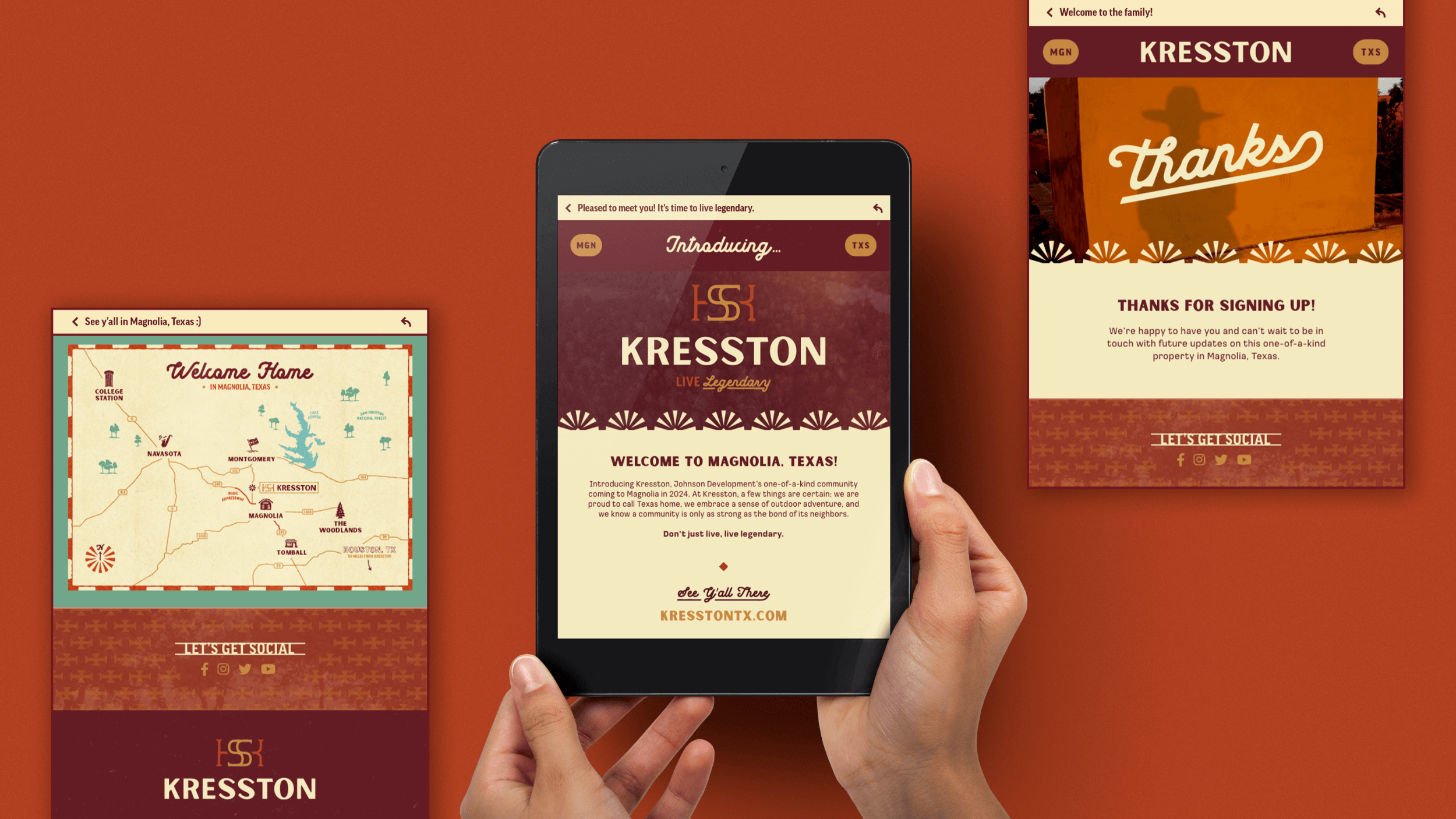 A mockup of 3 email templates show different sections designed for the Kresston brand