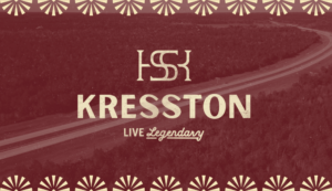 Image showing an aerial view of the area, with a colored overlay and a textured Kresston logo on it, with a brand pattern along the edges