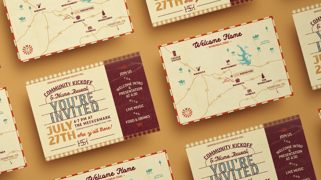A mockup showcases a postcard sized printout that served as an invitation to a community kickoff and name reveal event. One side consists of event details, while the other side is a designed map of the surrounding area.