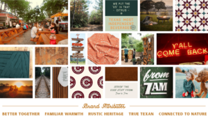 Moodboard of images serving as inspiration for Kresston. The moodboard has the brand attributes listed as "better together, familiar warmth, rustic heritage, true texan, connected to nature"