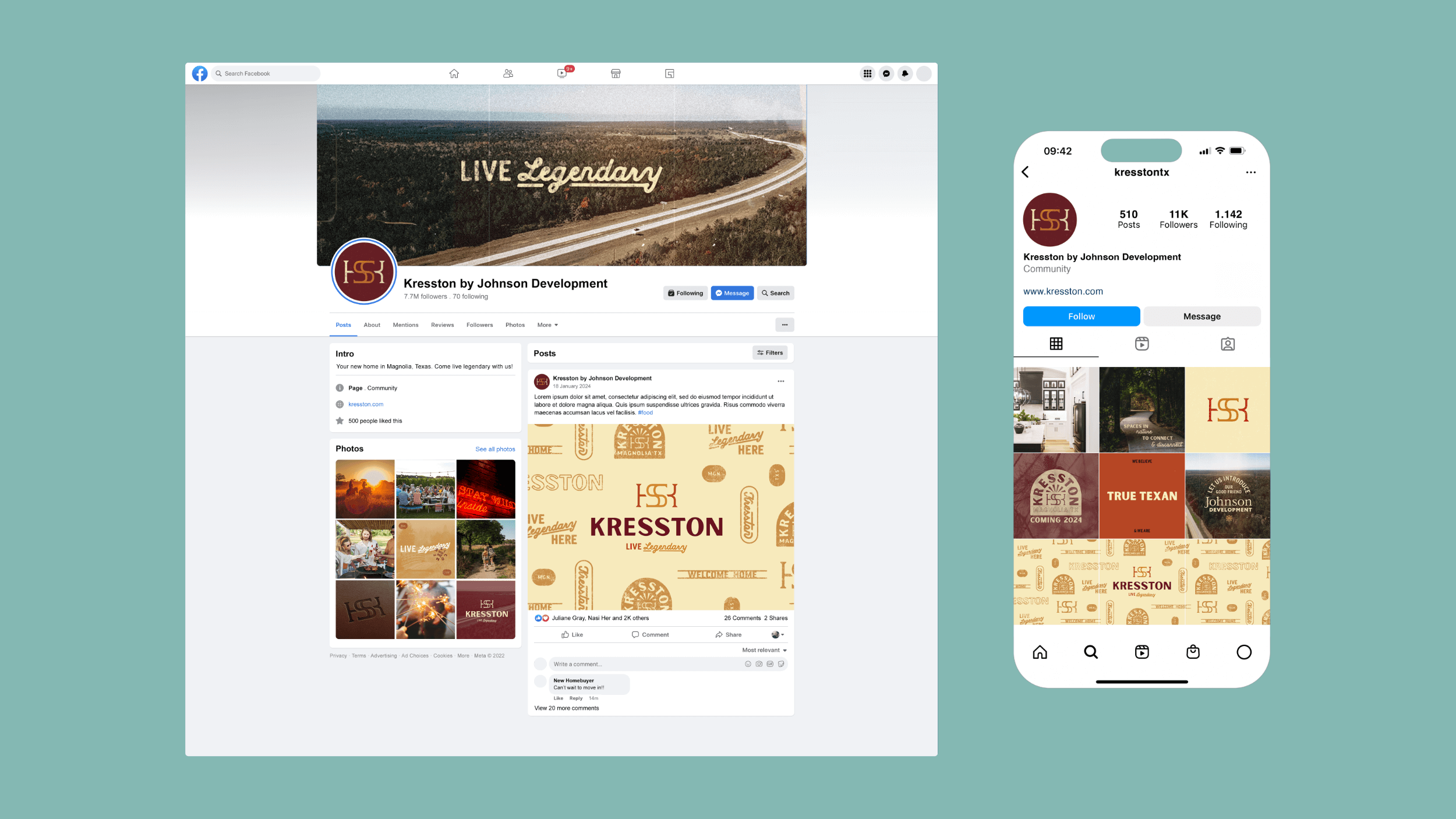 Mockups showing examples of social media profiles for Kresston. On the left sits a desktop view of a facebook profile, on the right is a mobile view of showing instagram posts for Kresston.