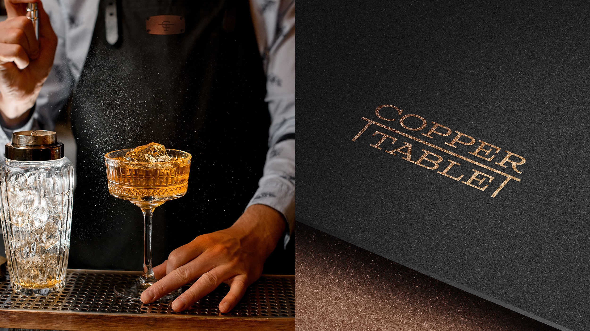 Copper Table logo printed in gold on restaurant menu designed by ST8MNT with cocktail offerings