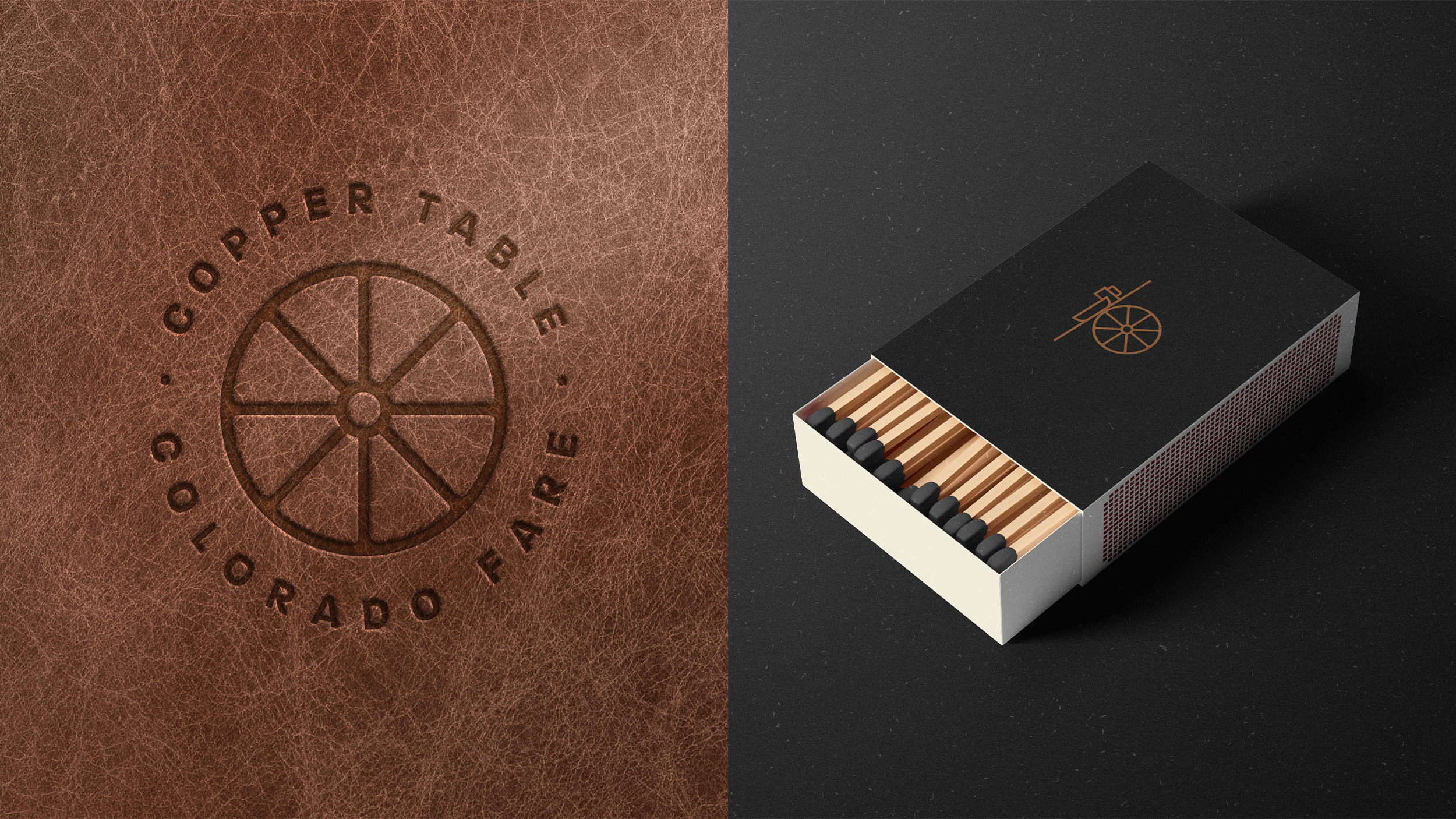 Copper Table brand identity applied to a match box and leather stamp designed by ST8MNT