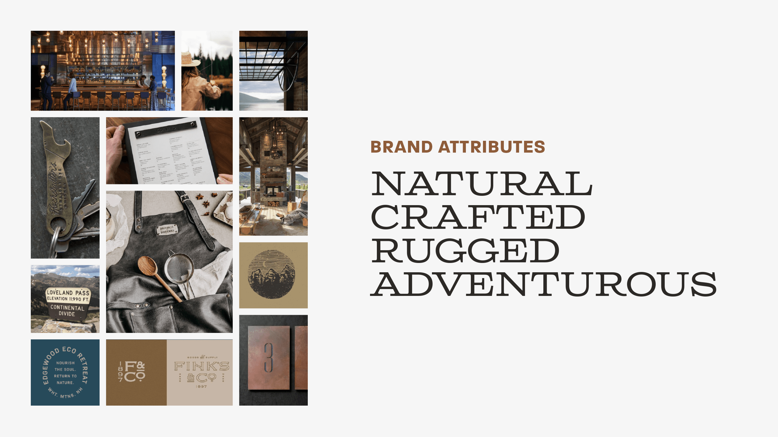 Copper Table moodboard and brand attributes including natural, crafted, rugged, adventurous created by ST8MNT