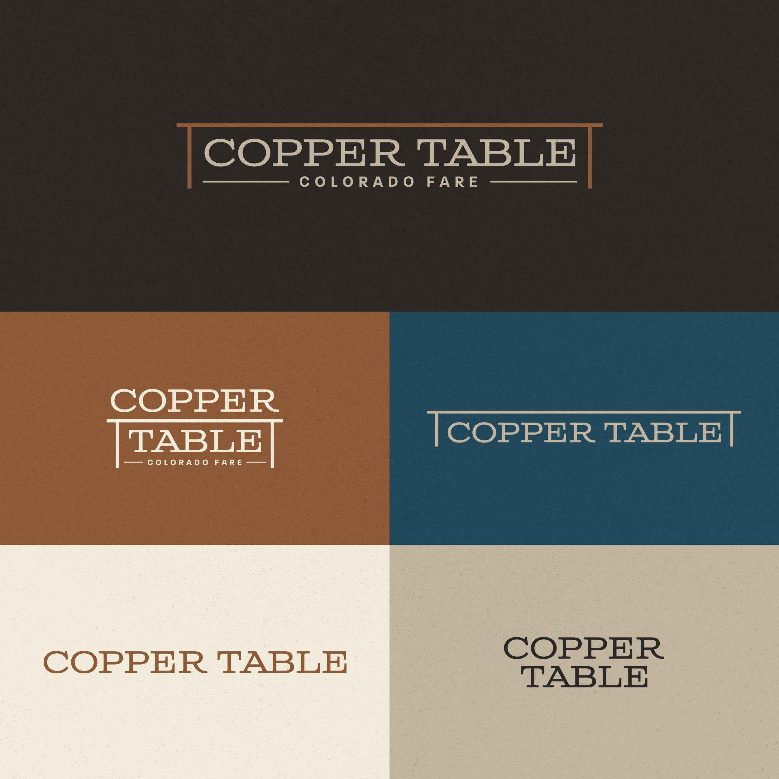 Logo system featuring five variants of Copper Table, including stacked, horizontal, text only, and versions that say Colorado Fare