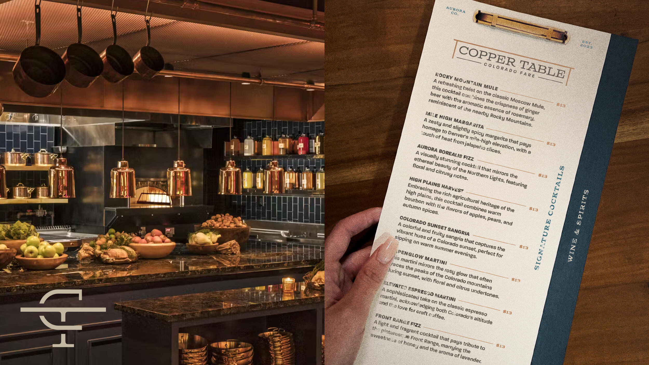 Rugged luxury restaurant interior design inspiration with Copper Table logo and printed menu design held over a wooden table