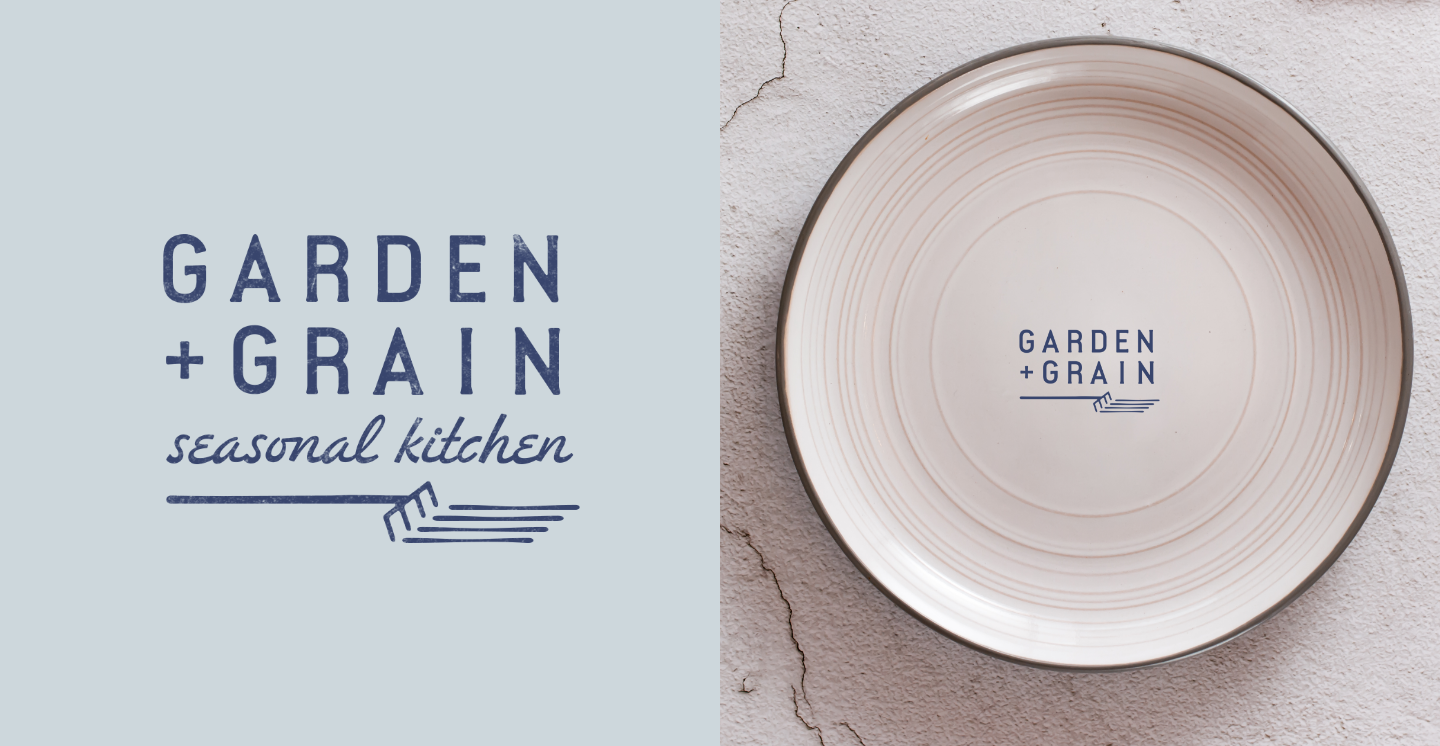 Garden + Grain seasonal kitchen logo with branded ceramic plate