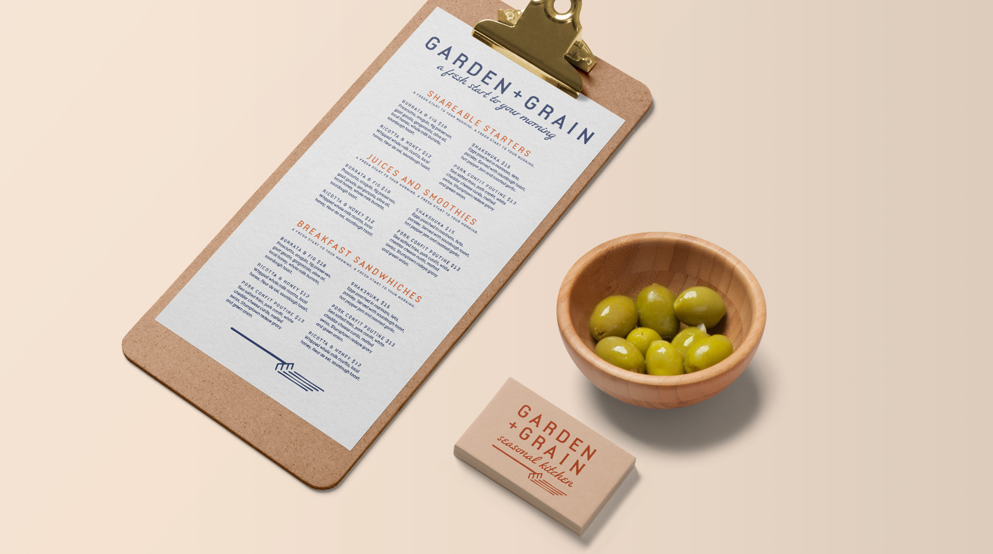 Garden + Grain menu and branded matchbook