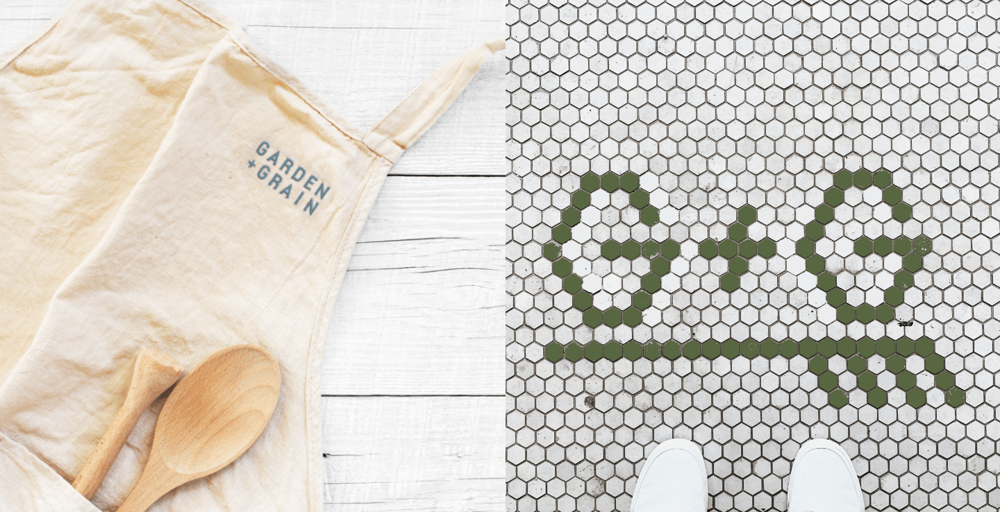 G+G branded apron and floor mosaic