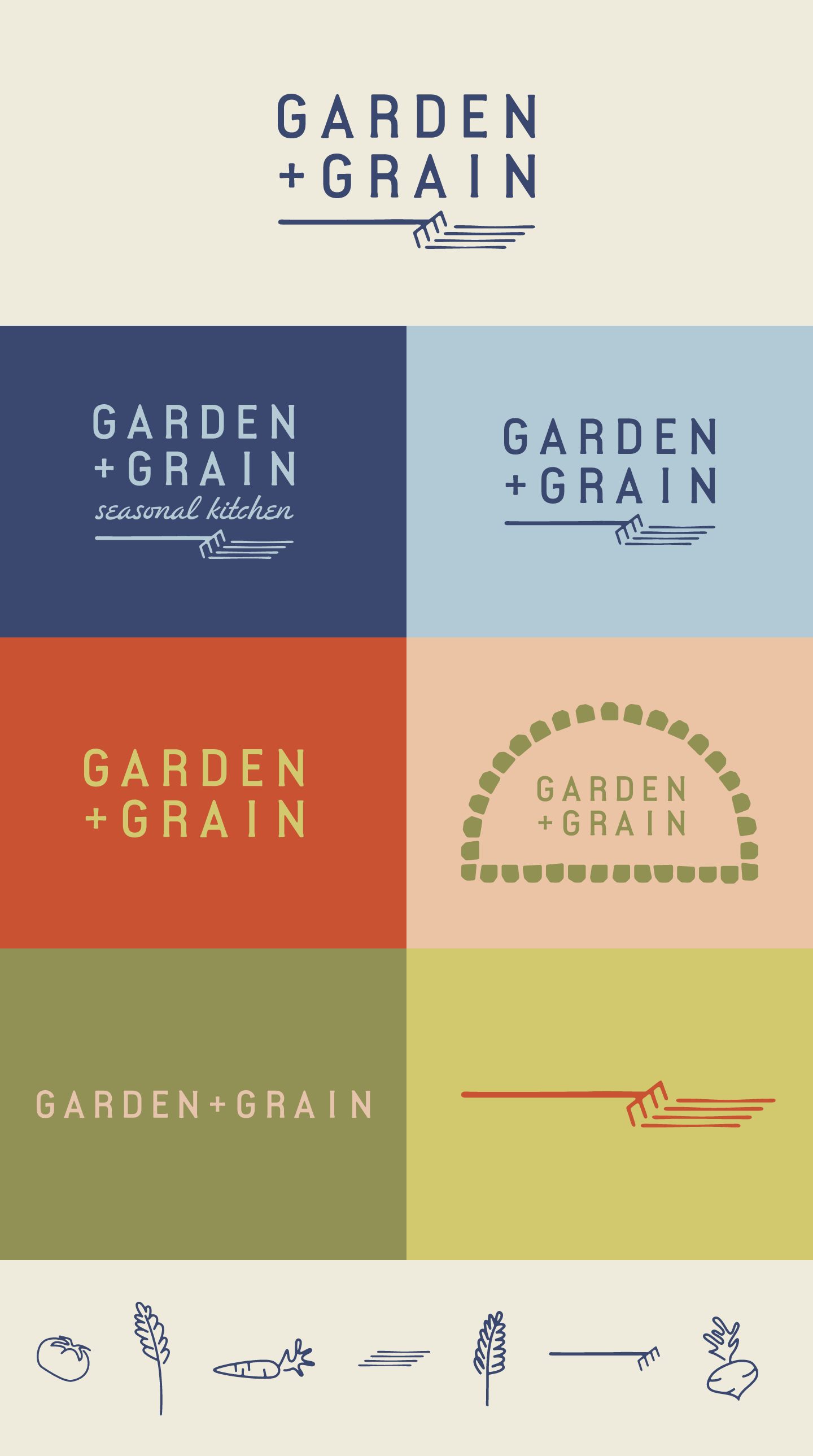 Garden + Grain logos and illustrations lain out in a grid of brand colors