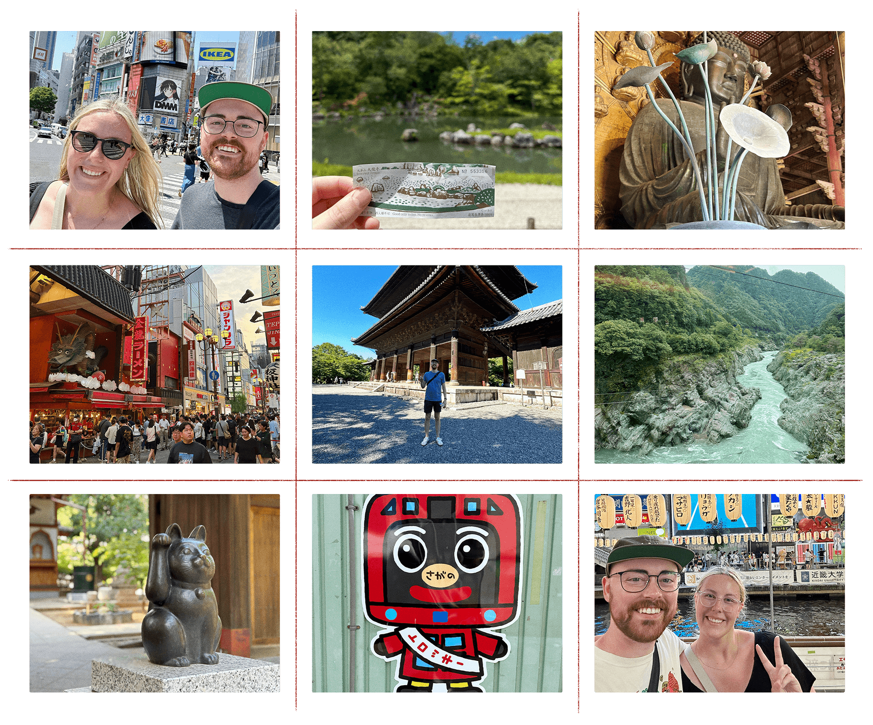 Photo grid of Parker's travels in Japan including a selfie at Shibuya Crossing, nature photos, city photos, the Buddha statue at Todai-Ji, the waving cat statue at Gotokuji Temple, a street art kawaii character, and a selfie at the Glico running man sign in Osaka.