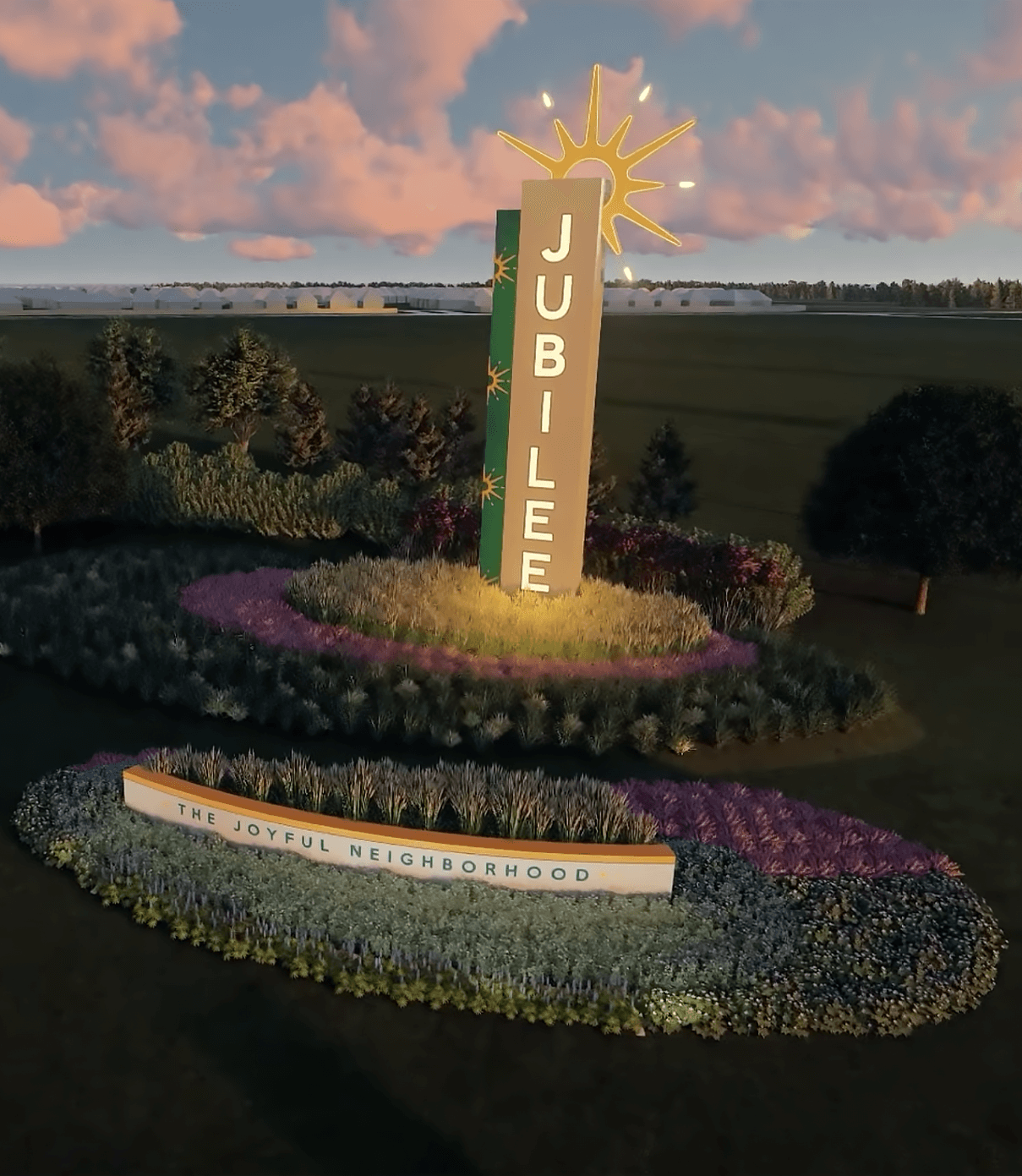 Jubilee entry monument signage render showing the full landscape for master-planned community in Texas