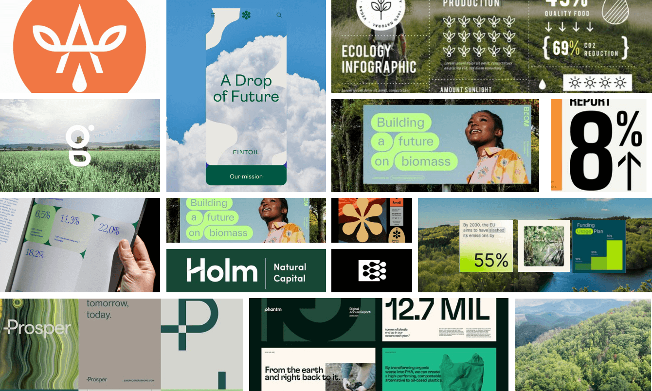 moodboard that features a bright color palette, nature inspired, photography, iconic logomarks, and bold typography