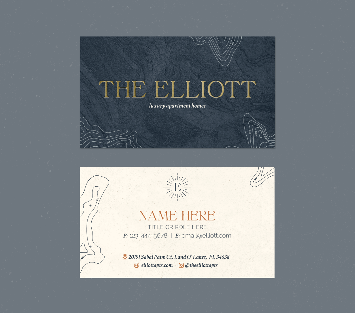 Mockup of business card design for The Elliott Apartments in Florida completed by ST8MNT