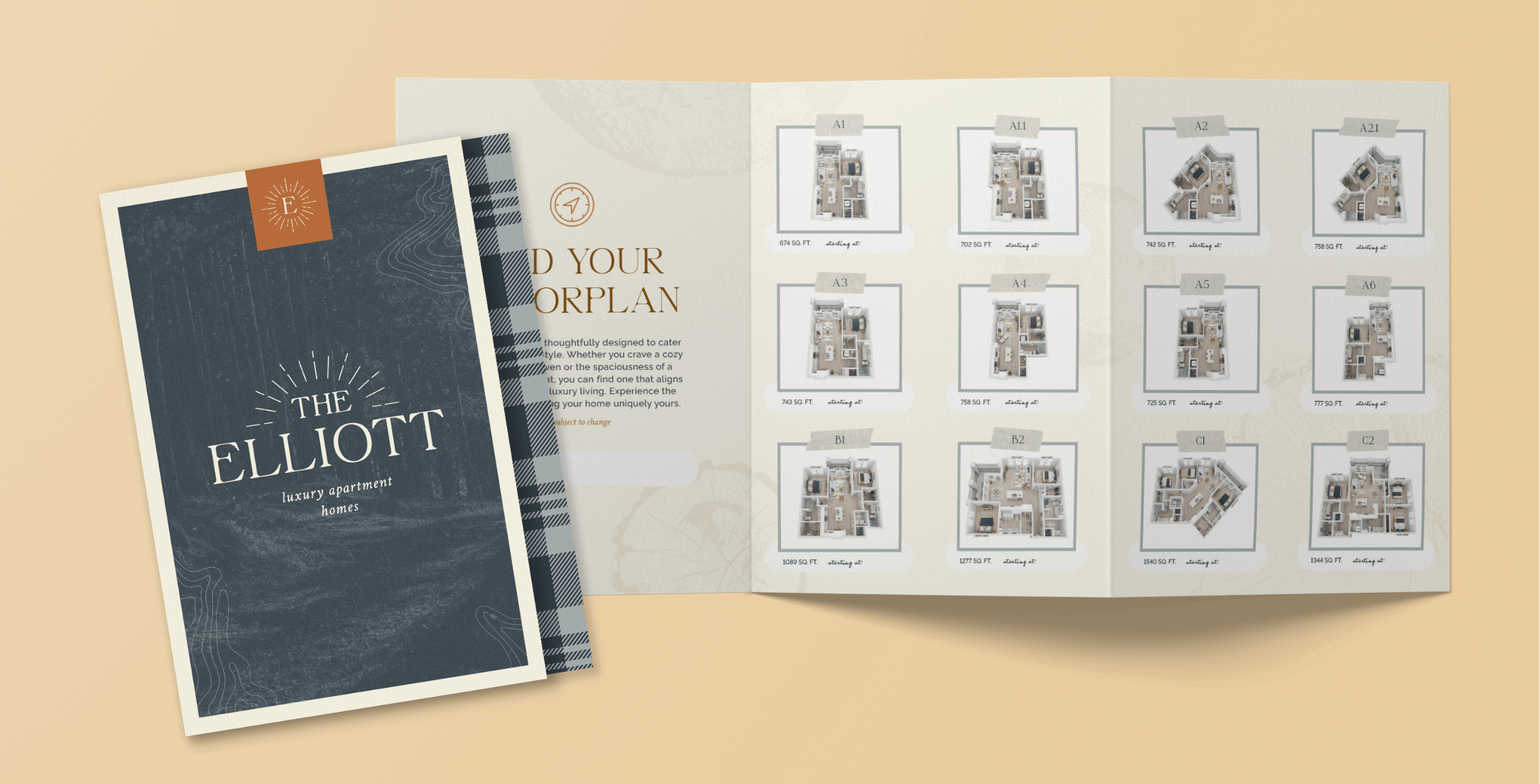 Mockup of custom marketing brochure for The Elliott Apartments in Florida completed by ST8MNT