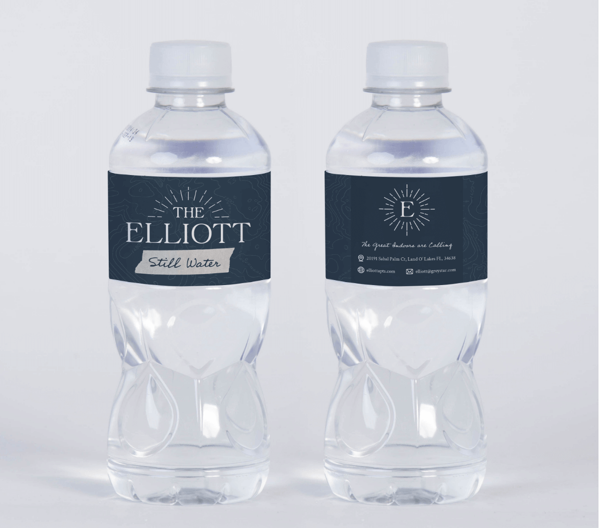 Mockup of water bottle labels for The Elliott Apartments in Florida completed by ST8MNT