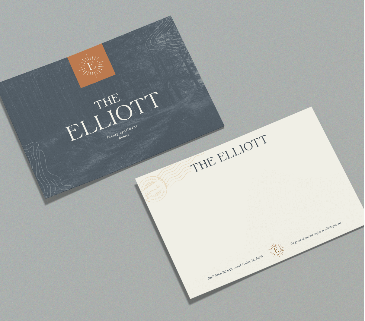 Mockup of notecard design for The Elliott Apartments in Florida completed by ST8MNT