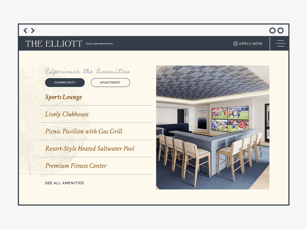 Interactive amenities section design as part of The Elliott Apartments website design completed by ST8MNT