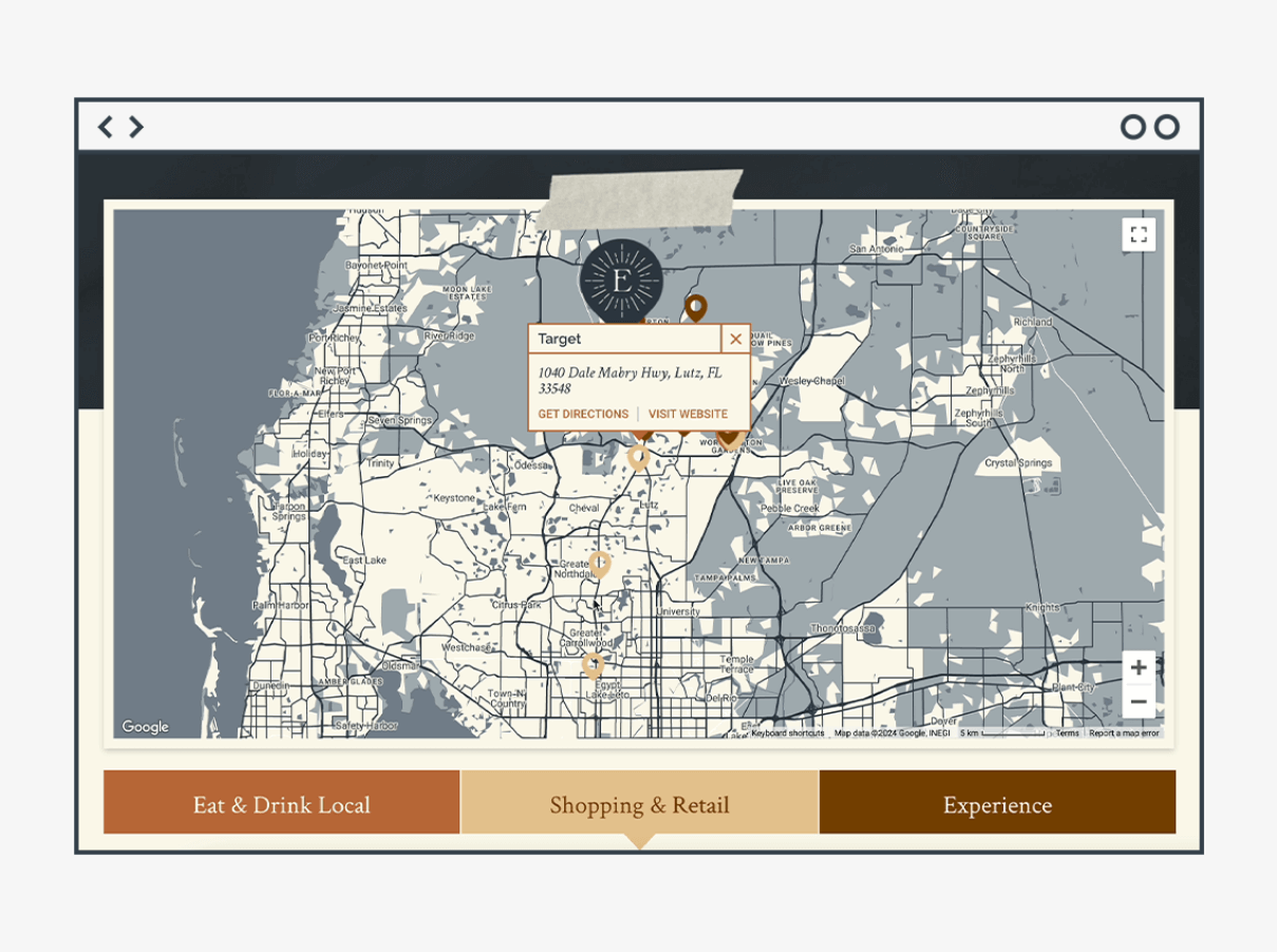 Interactive neighborhood map section design as part of The Elliott Apartments website design completed by ST8MNT
