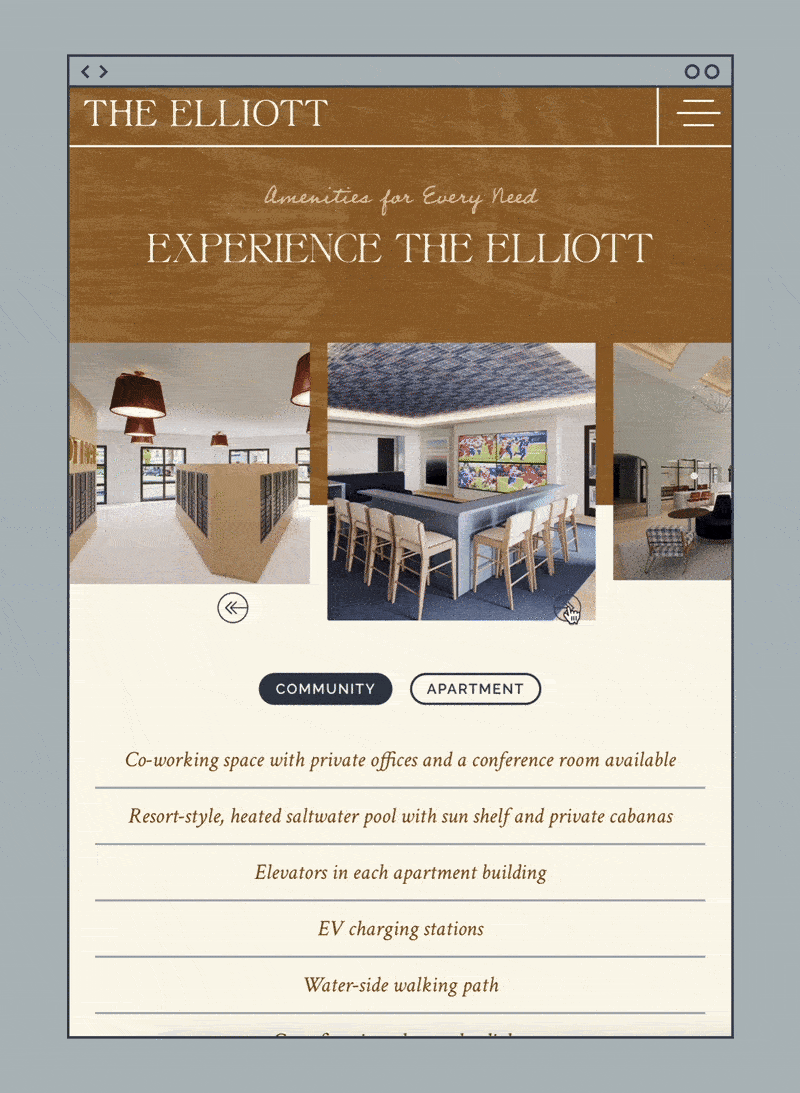 GIF of Amenity page design as part of The Elliott Apartments website design completed by ST8MNT