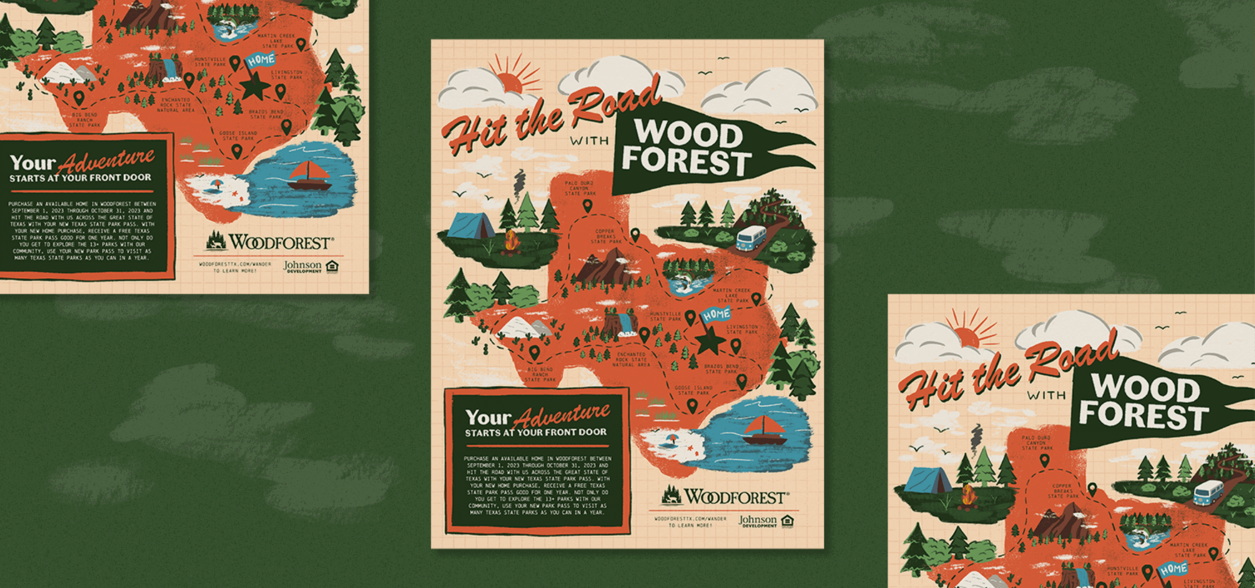 Flyers showing the Hit the Road key art created by ST8MNT for a Woodforest Fall campaign