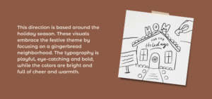 Graphic with ST8MNT sketch for Woodforest Winter campaign with text that reads: "This direction is based around the holiday season. These visuals embrace the festive theme by focusing on a gingerbread neighborhood. The typography is playful, eye-catching and bold, while the colors are bright and full of cheer and warmth."