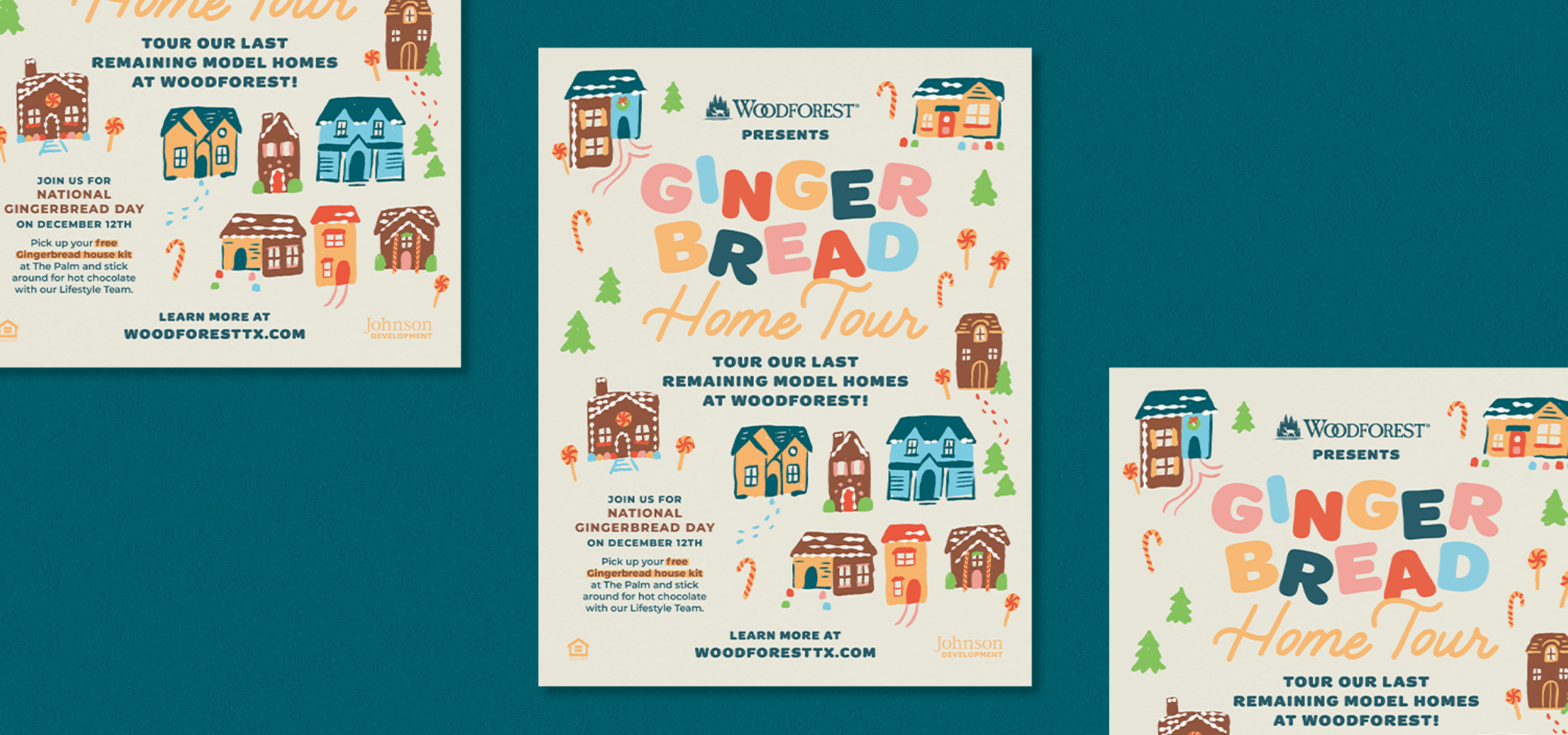 Flyers showing the Gingerbread Home Tour key art created by ST8MNT for a Woodforest Winter campaign