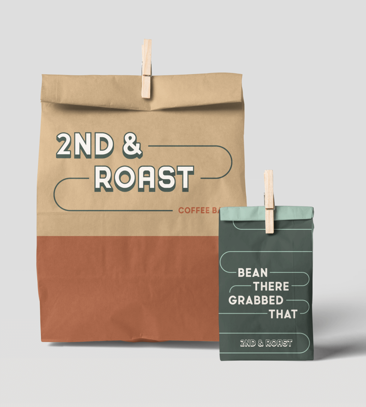 Mockup of to-go bags with graphic elements from 2nd & Roast identity system created by ST8MNT as part of branding project for W Hotel in Downtown Austin