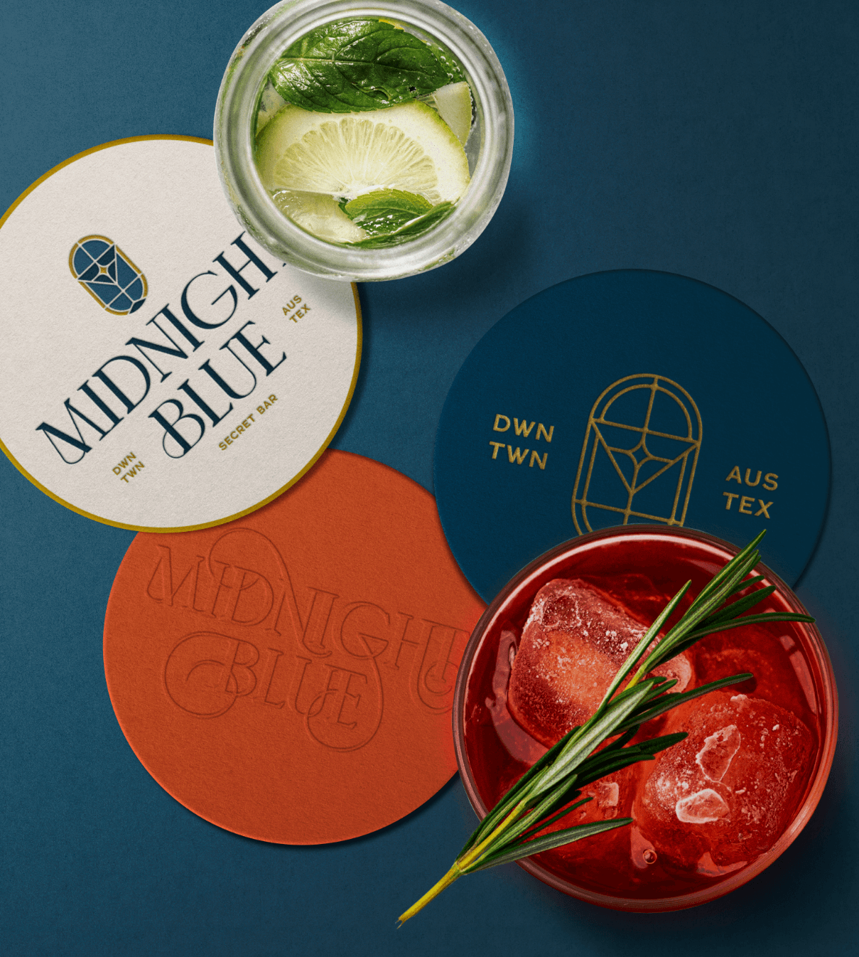 Mockup of bar coasters with graphic elements from Midnight Blue identity created by ST8MNT as part of branding project for W Hotel in Downtown Austin