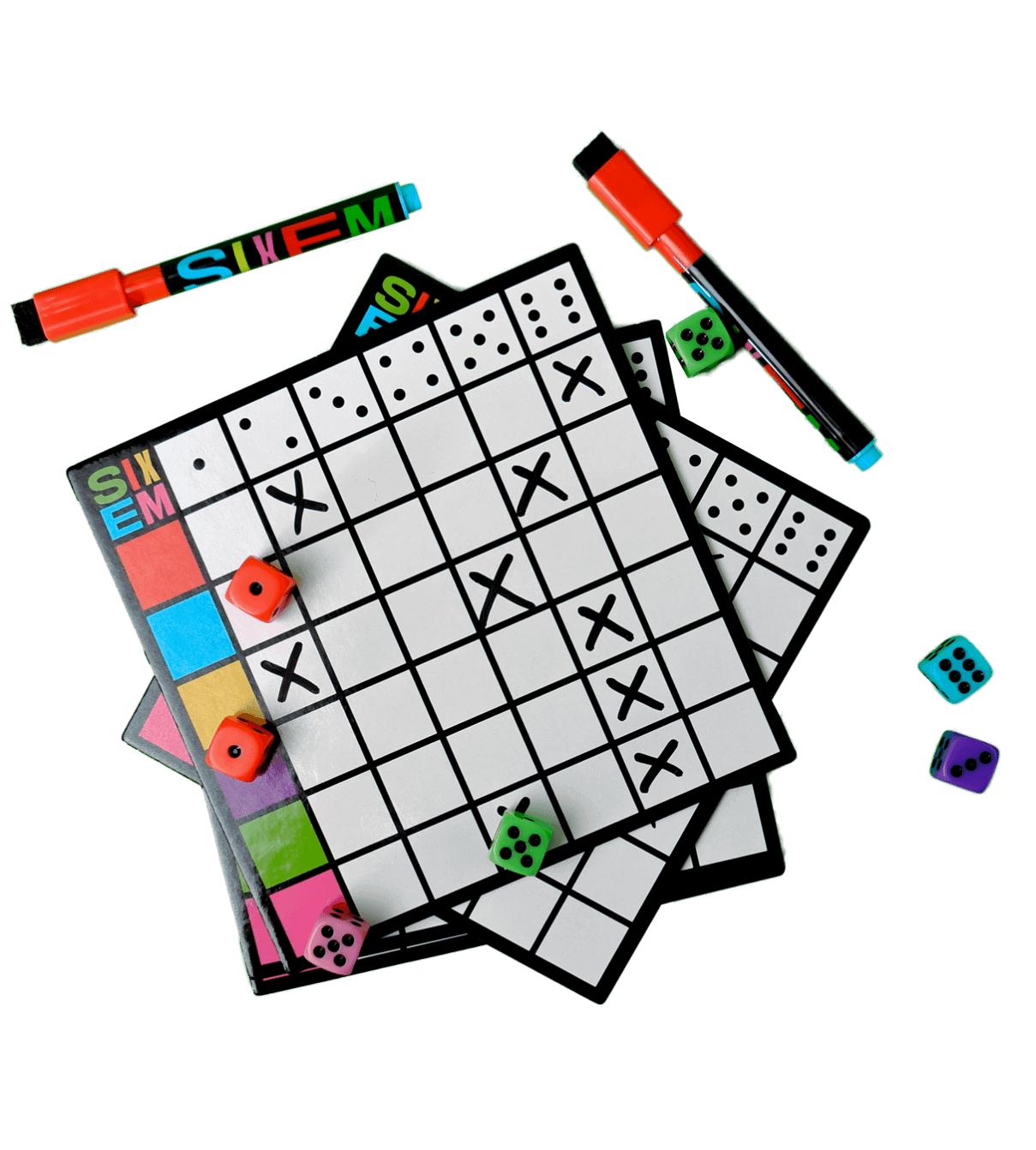 Image of the SIXEM dry erase boards with X's marked on them, markers, and dice on a transparent background