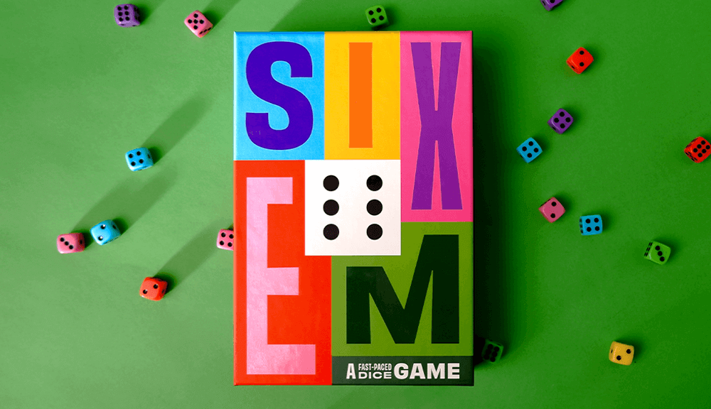 SIXEM board game cover as part of the package design by ST8MNT on green background with dice