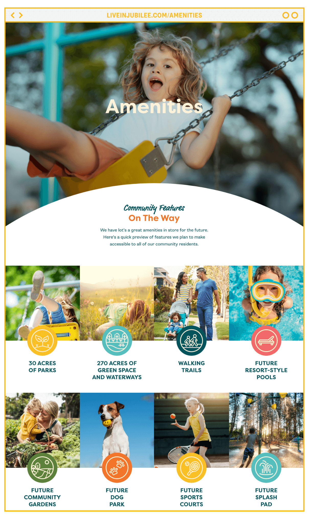 Amenities page website design for master-planned community Jubilee by ST8MNT