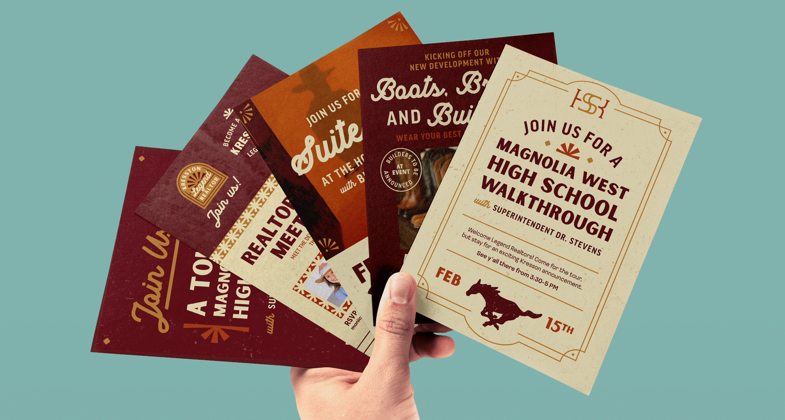 Series of various event invitations designed by ST8MNT for Kresston, a Johnson Development community in Texas