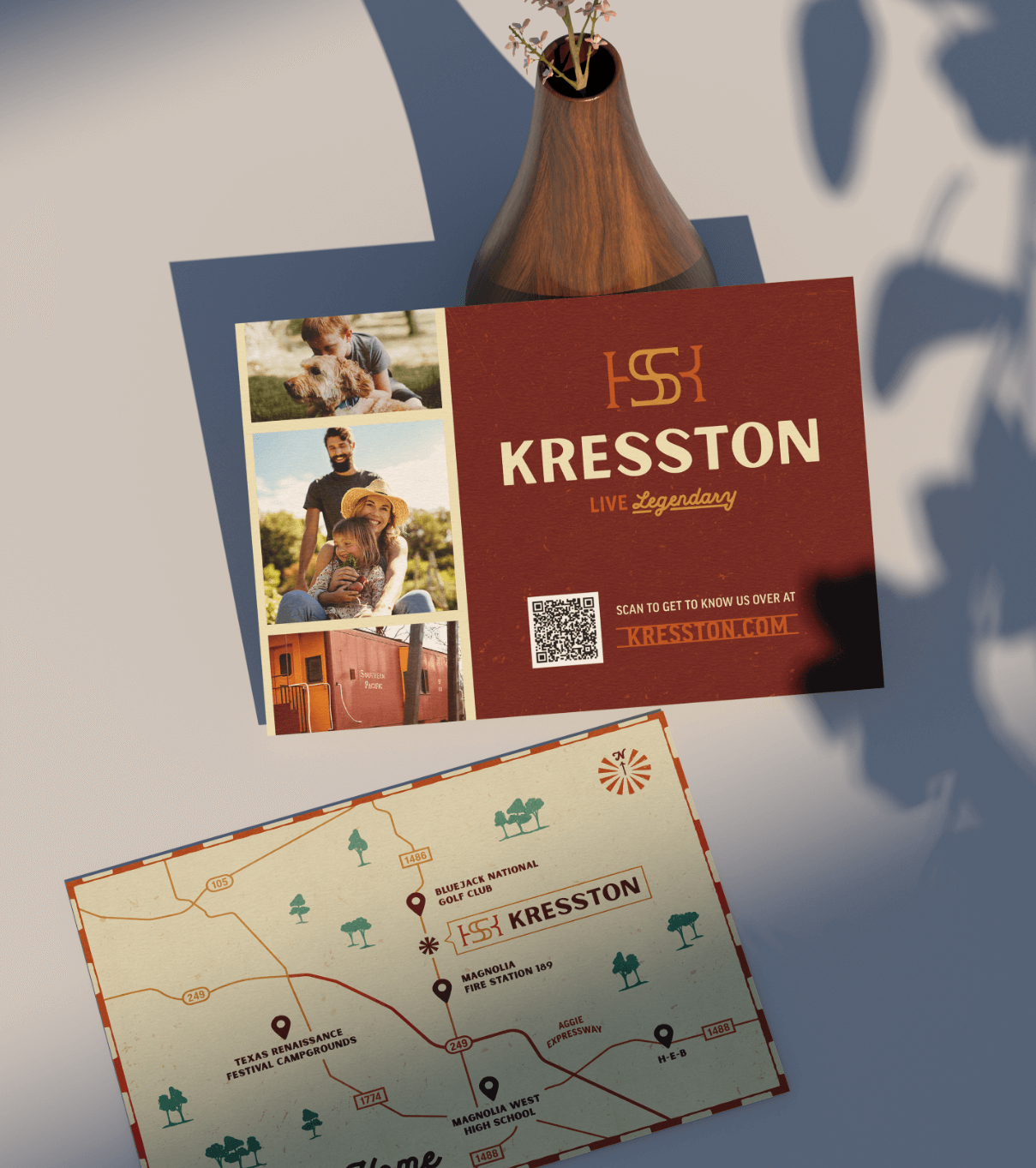 Kresston branded collateral postcard designed by ST8MNT for a Johnson Development community in Texas