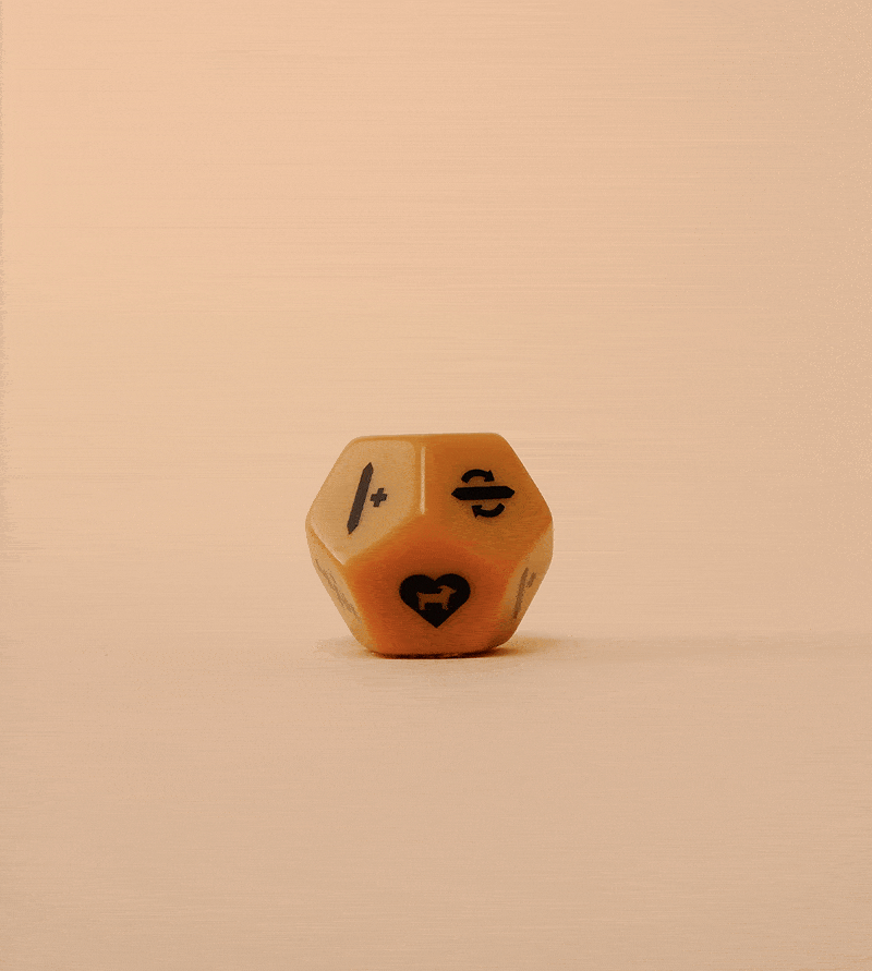 GIF of Floats McGoats dice spinning showing off the piece designed as developed by ST8MNT alongside package design