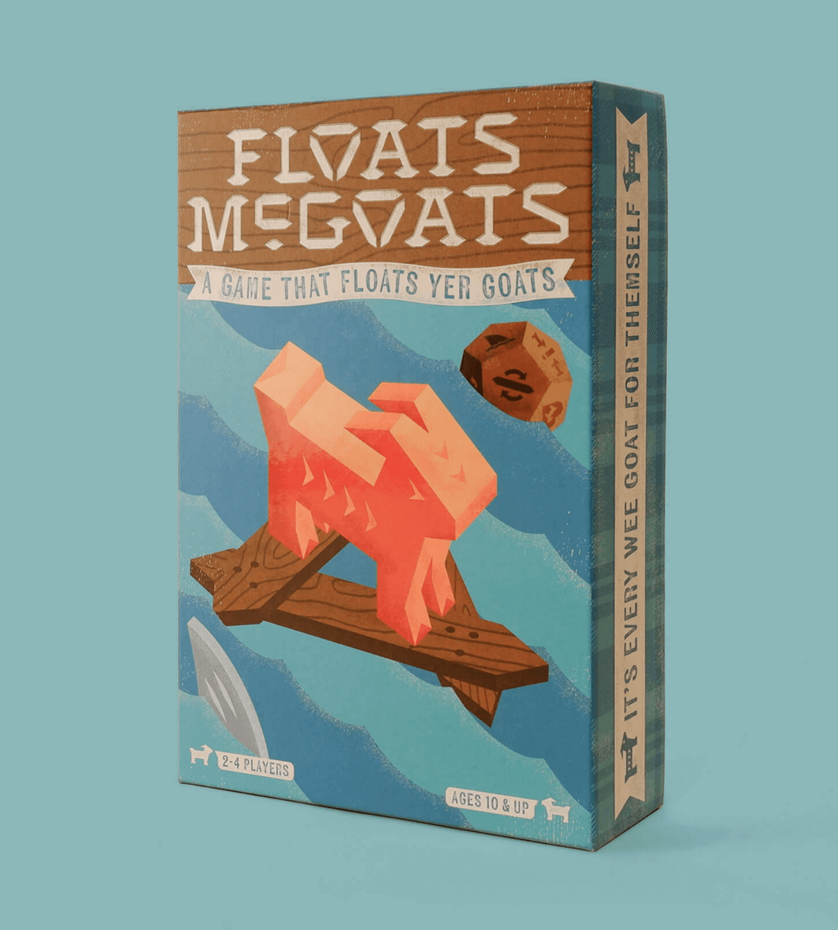 Floats McGoats board game cover displayed as part of the package design by ST8MNT on blue background